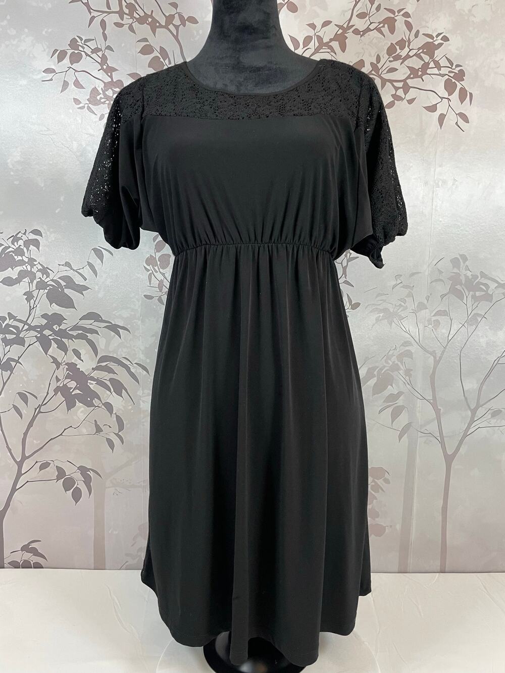 Espresso Lace Crochet Yoke Mini Dress Black L Dolman Sleeve Elastic Waist Party